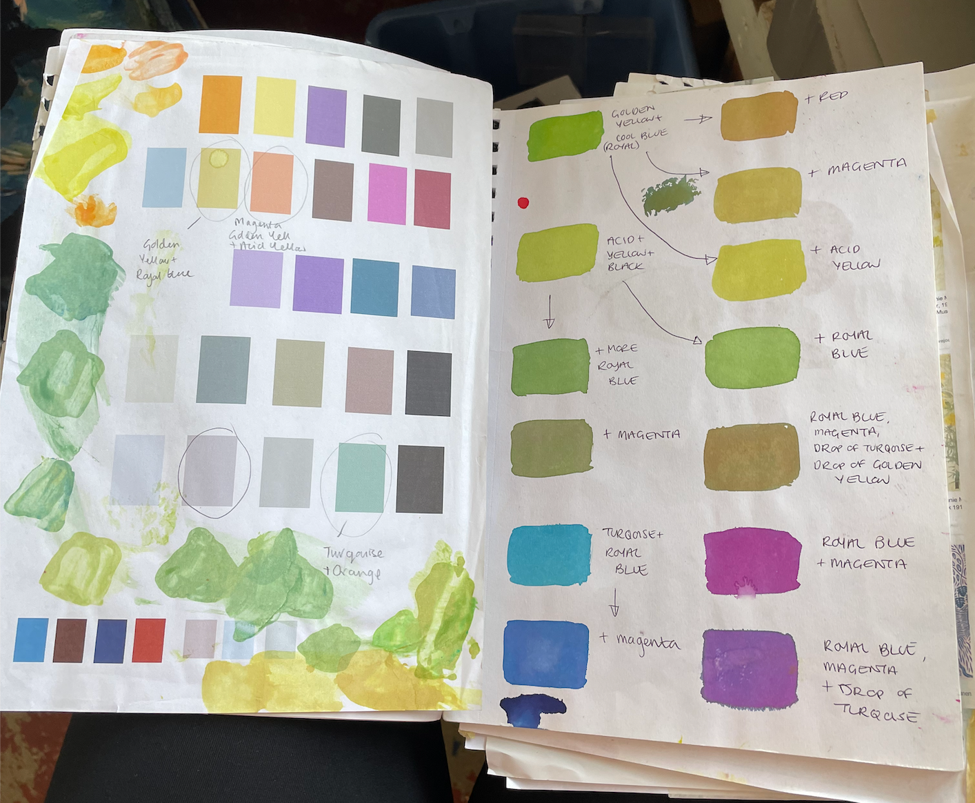 Colour-mixing sketchbook with painted swatches and notes